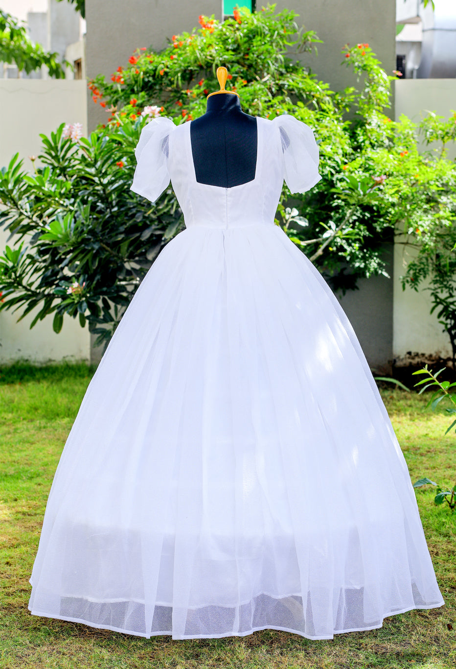 White Catholic Wedding Ball Gown with Puff Sleeves
