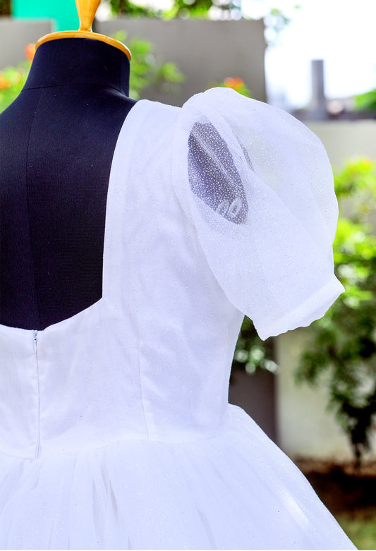 White Catholic Wedding Ball Gown with Puff Sleeves