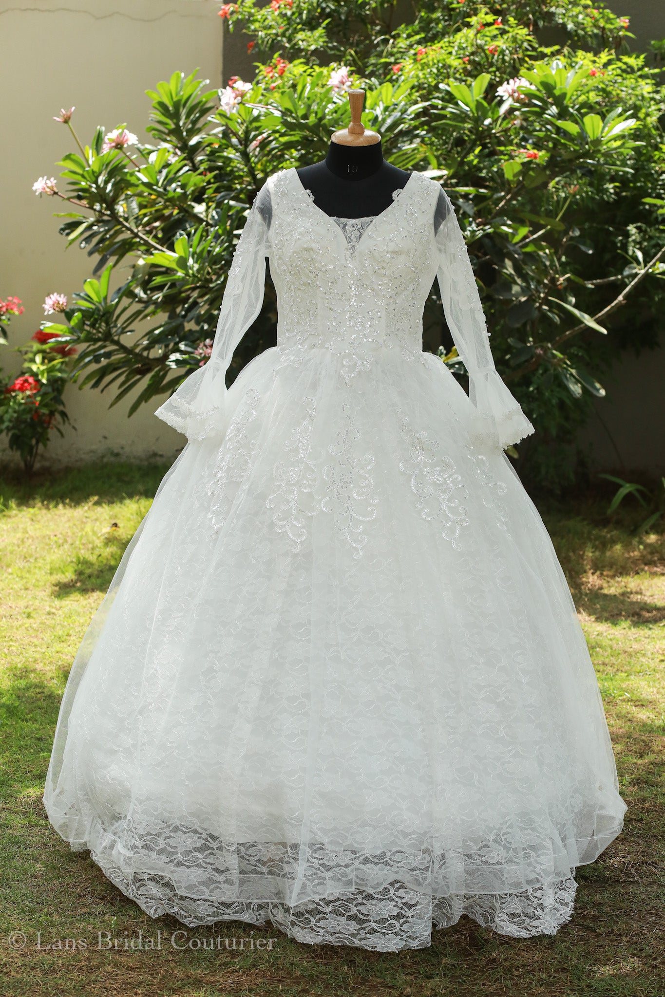 Elegant White Christian Gown with Bell sleeves – Lans Bridal Couturier